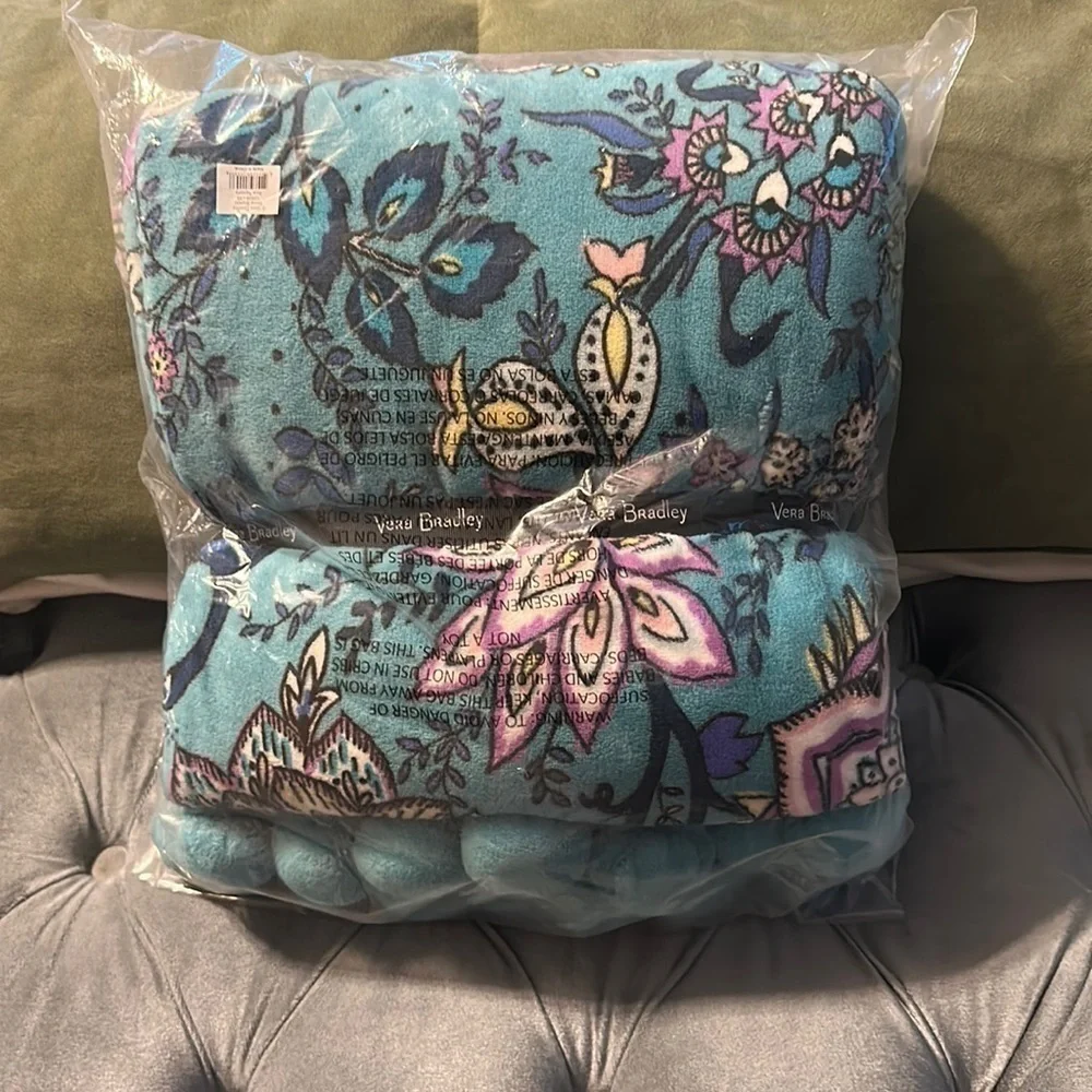 Vera Bradley Peacock Garden Whimsy Pom Throw Blanket 80
